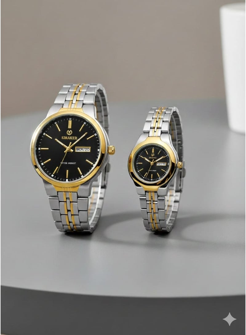 SMAKER Luxury Couple Watch Set - Men's and Women's Wristwatches with Day and Date Indicator, Water Resistant, Classic Stainless Steel Design - Image 2